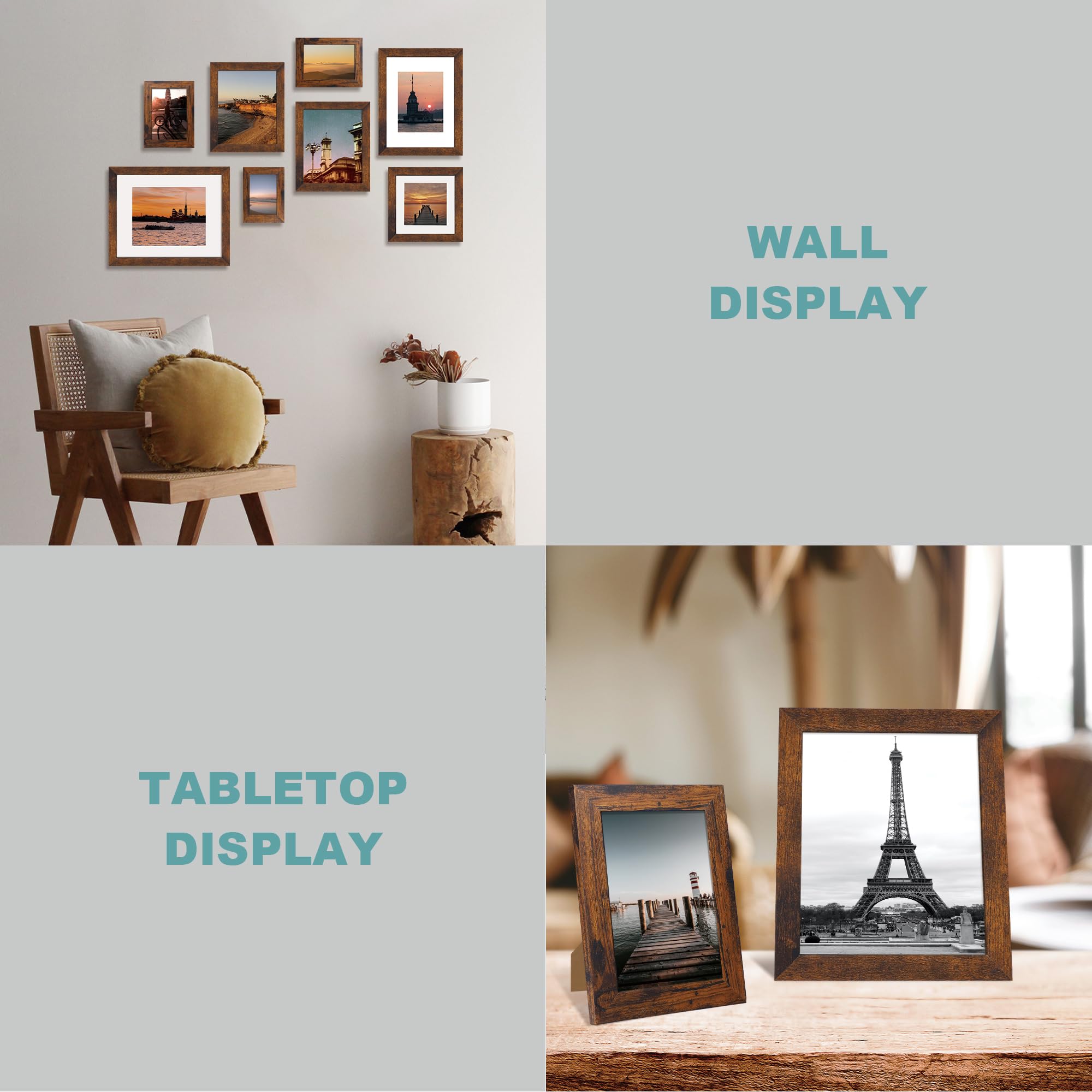 iRahmen 6x6 Picture Frame Set of 4 with Real Glass, Rustic Frames Display 4x4 Picture with Mat or 6 x 6 Without Mat, Square Phot